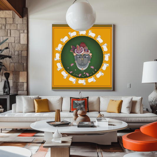 Divine Portrait of Shri Nathji Encircled by Sacred Cows