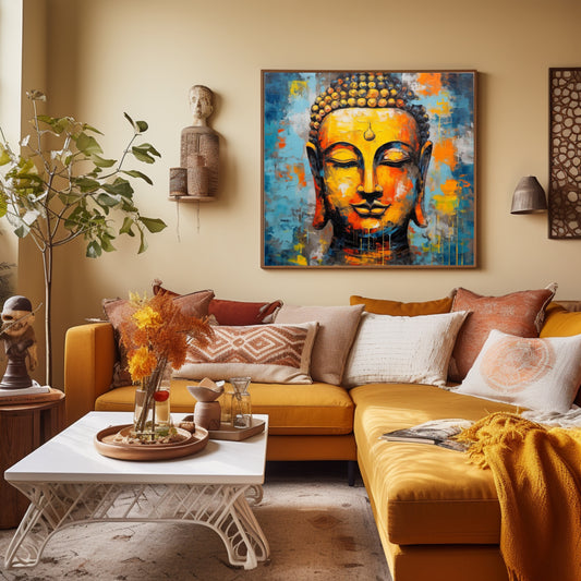 Vivid Buddha Portrait Against a Dynamic Abstract Background
