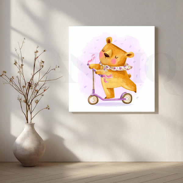 Cute Bear Riding Purple Scooter Kids Nursery Canvas Artwork