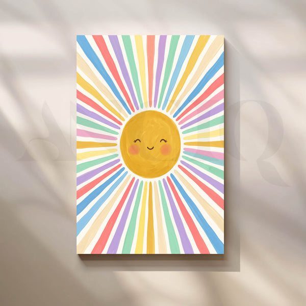 Happy Smiling Sun with Colourful Rainbow Rays Kids Room Canvas Artwork