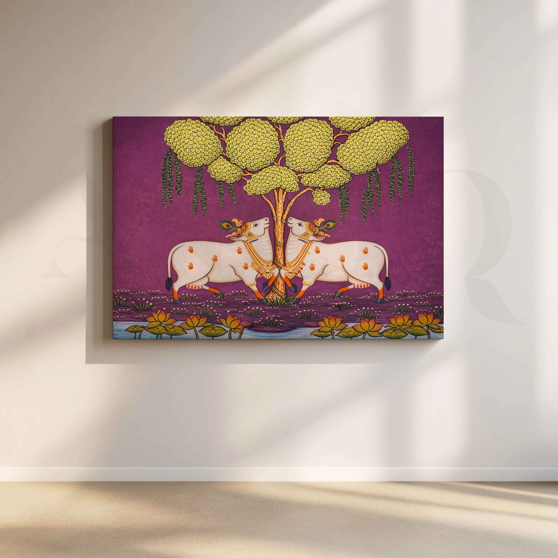 Twin Sacred Cows Under Tree Canvas Artwork for Living Room