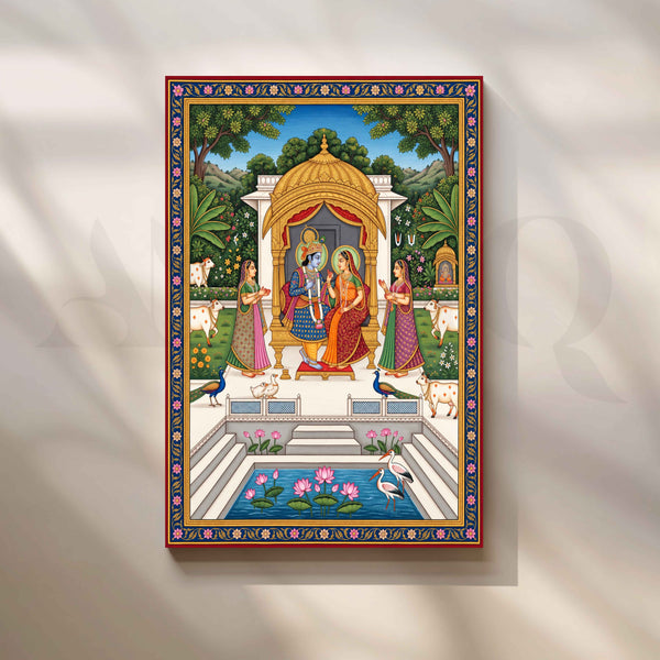 Radha Krishna Golden Jhula in Royal Garden Pichwai Artwork