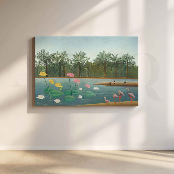 Tropical Lotus Lake with Flamingos Folk Art Canvas Artwork
