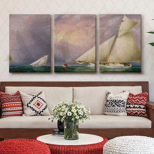 Classic Sailing Regatta Gallery Wall – Set of 3 Nautical Artworks - 18 x 24 Inches for Living Room