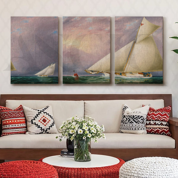 Classic Sailing Regatta Gallery Wall – Set of 3 Nautical Artworks - 18 x 24 Inches