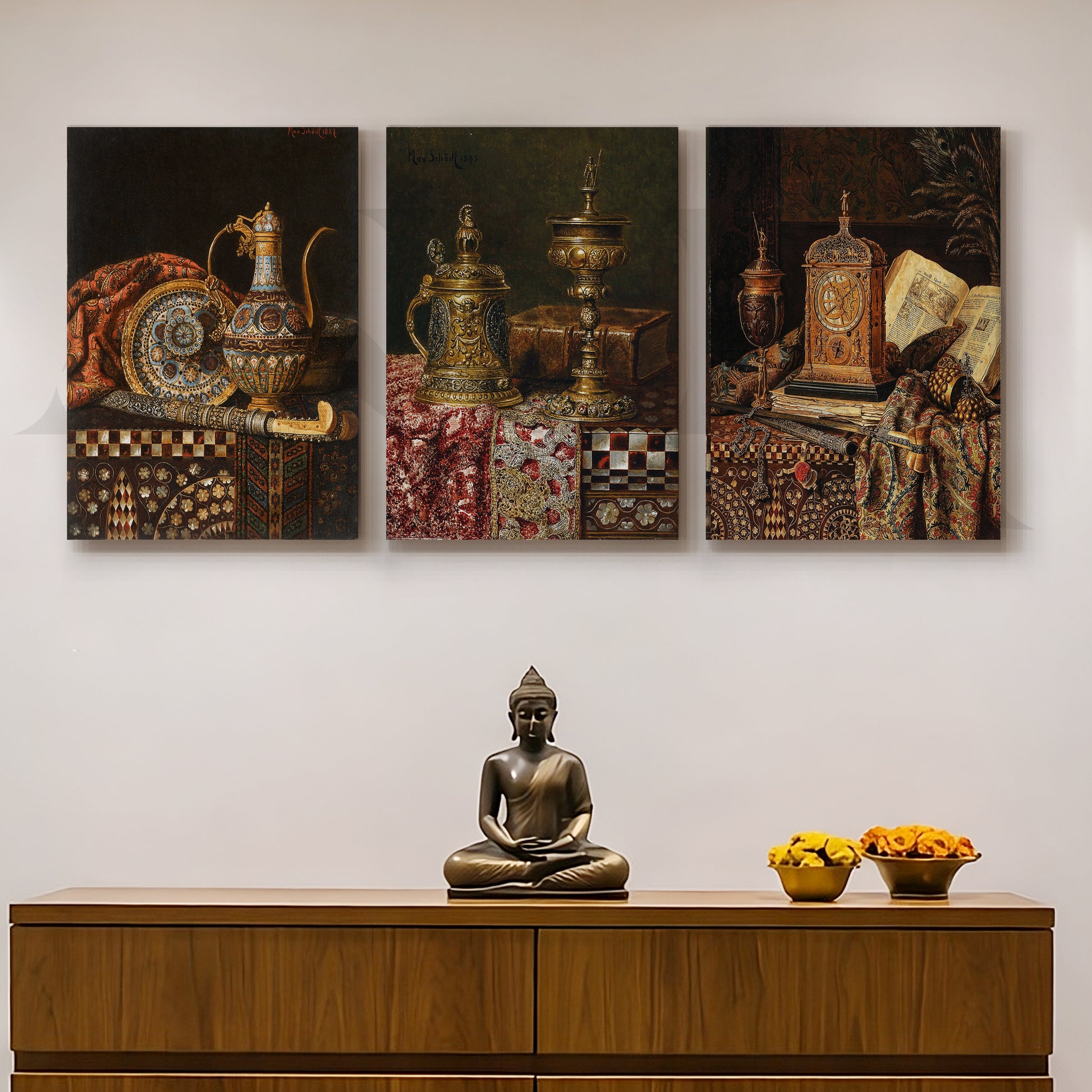 Vintage Antique Artefacts Gallery Wall – Set of 3 Classic Still Life Artworks - 18 x 24 Inches for Entryway/Hallway
