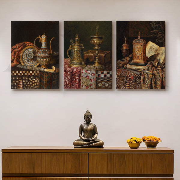 Vintage Antique Artefacts Gallery Wall – Set of 3 Classic Still Life Artworks - 18 x 24 Inches