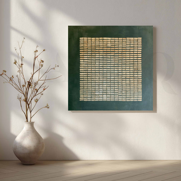 Emerald Green and Gold Geometric Grid Abstract Canvas Artwork