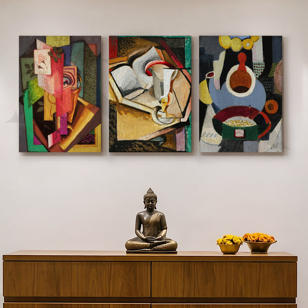 Cubist Still Life Composition Gallery Wall – Set of 3 Modern Artworks - 18 x 24 Inches