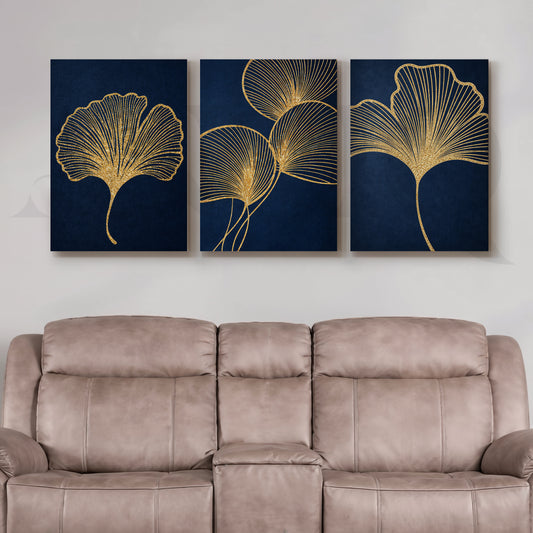 Royal Ginkgo Gold on Midnight Gallery Wall – Set of 3 Botanical Artworks - 18 x 24 Inches for Living Room