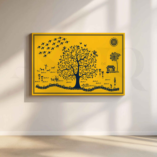 Warli Tree of Village Life Canvas Artwork with Gallery Wrap