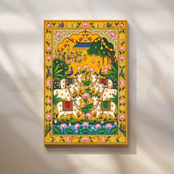 Sacred Kamdhenu Cows in Golden Lotus Garden Pichwai Artwork