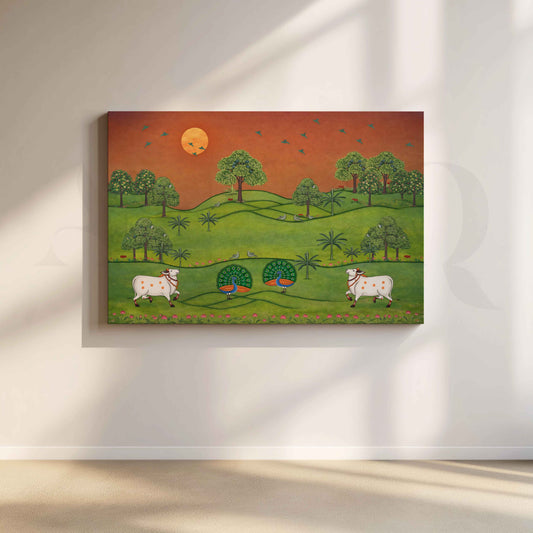 Pastoral Folk Landscape Canvas Artwork for Living Room
