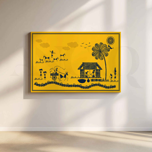 Warli Village Life and Palm Tree Tribal Artwork with Gallery Wrap