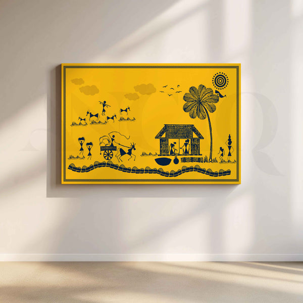 Warli Village Life and Palm Tree Tribal Artwork
