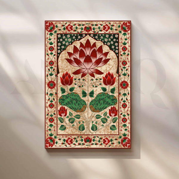 Sacred Red Lotus Traditional Indian Floral Artwork