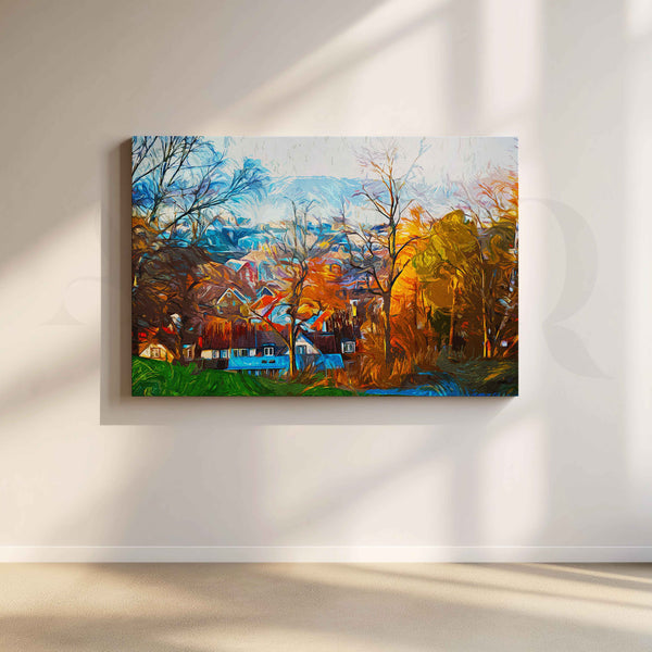 Autumn Village Landscape Canvas Artwork