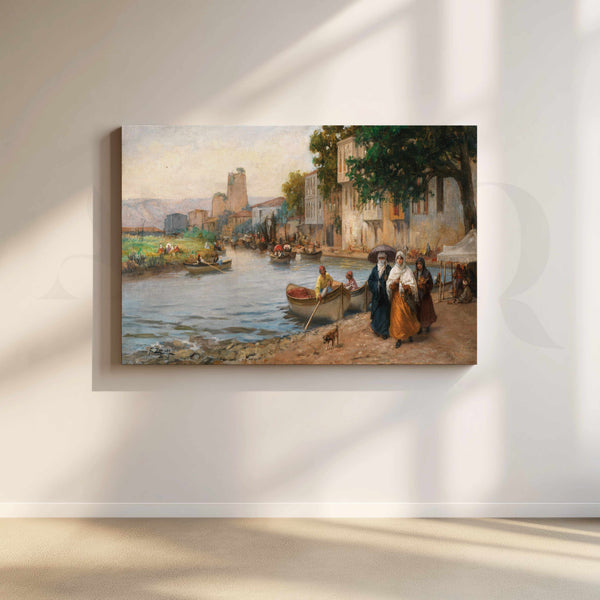 Riverside Village Life – Vintage European Canal Landscape Canvas Artwork