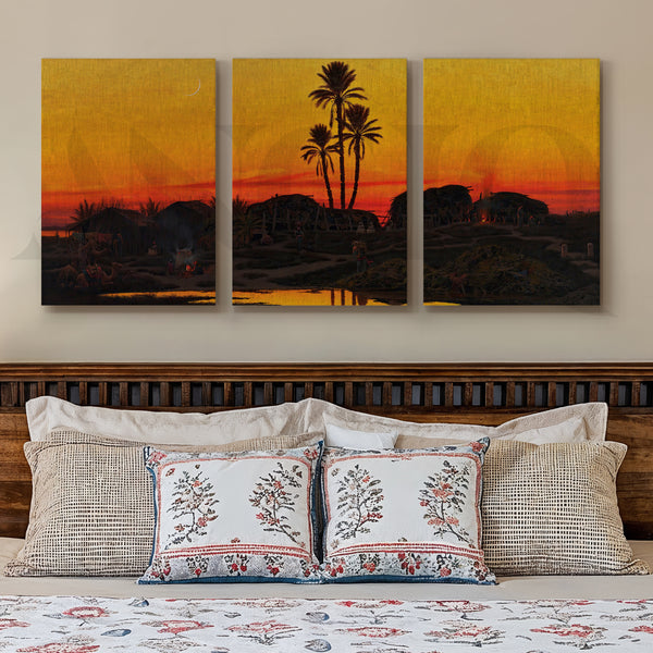 Desert Oasis Sunset Gallery Wall – Set of 3 Golden Landscape Artworks - 18 x 24 Inches