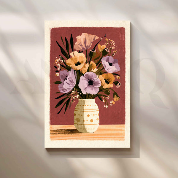 Vintage Floral Bouquet in Burgundy and Lavender Canvas Artwork
