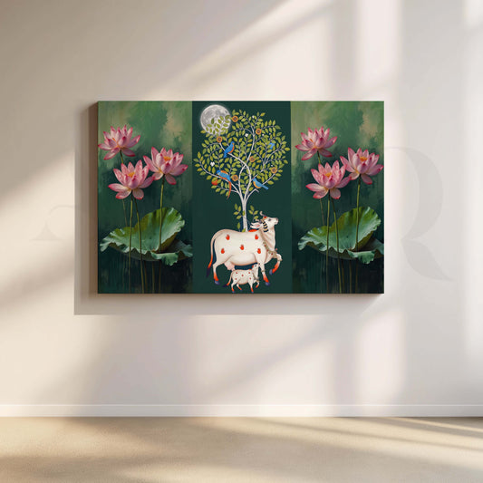 Lotus and Sacred Cow Botanical Canvas Artwork with Gallery Wrap