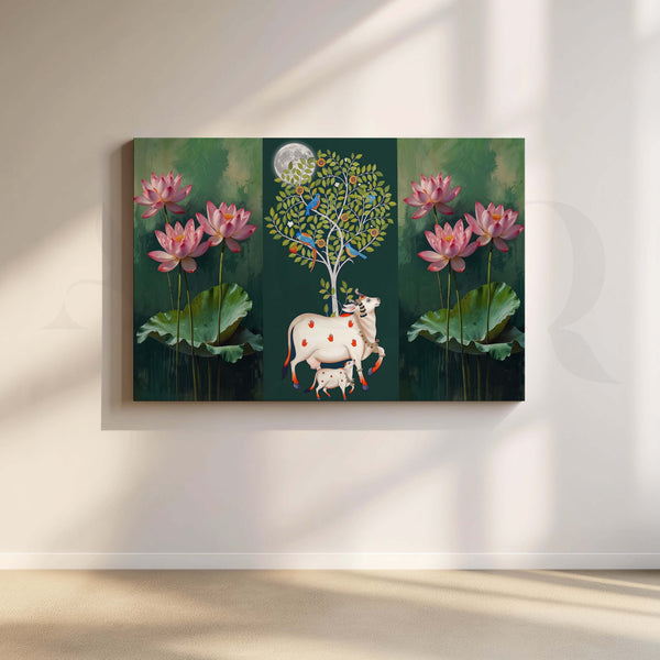 Lotus and Sacred Cow Botanical Canvas Artwork