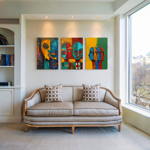 Tribal Faces Fusion Gallery Wall – Set of 3 Artworks