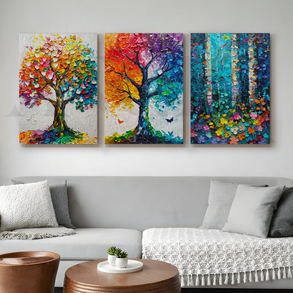 Vibrant Nature Mosaic Gallery Wall – Set of 3 Colorful Tree Artworks - 18 x 24 Inches