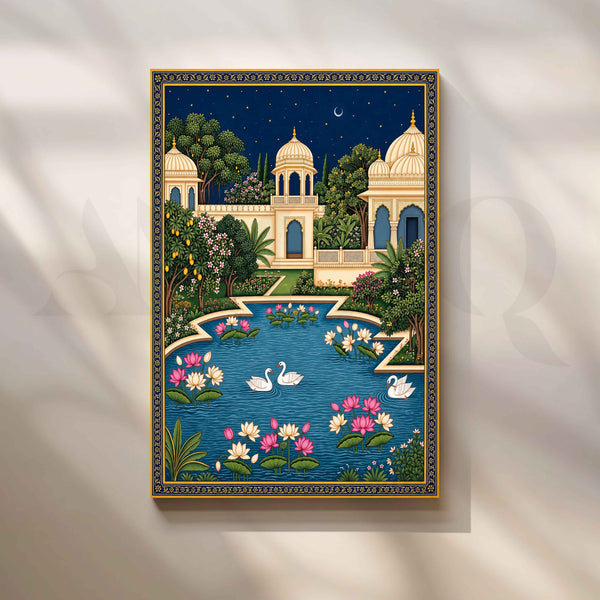 Moonlit Royal Garden with Lotus Pond and Swans Artwork