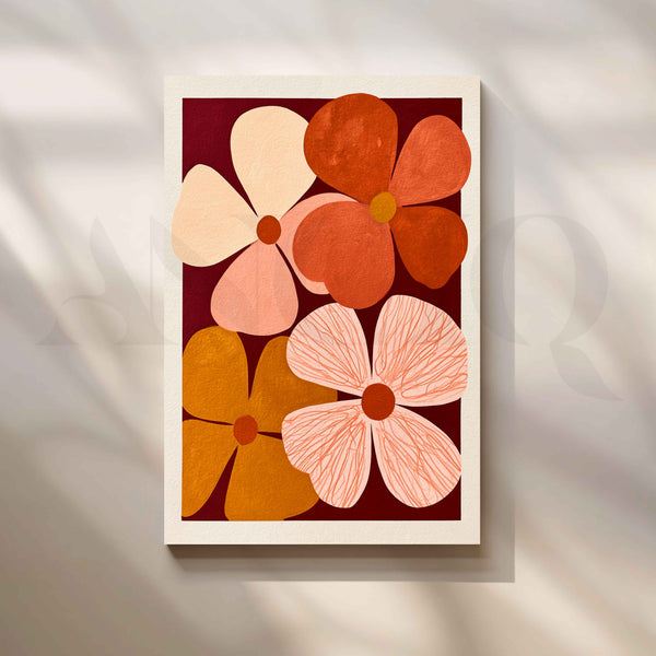 Retro Floral Abstract in Burnt Orange and Burgundy Canvas Artwork