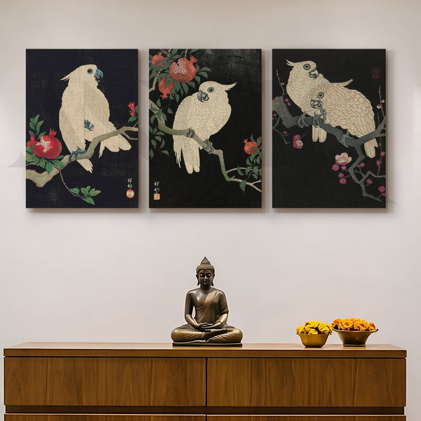 Elegant Cockatoo Botanical Gallery Wall – Set of 3 Oriental Artworks - 18 x 24 Inches