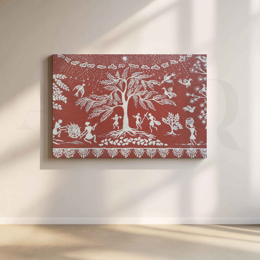 Warli Tree of Life Tribal Folk Canvas Artwork with Gallery Wrap
