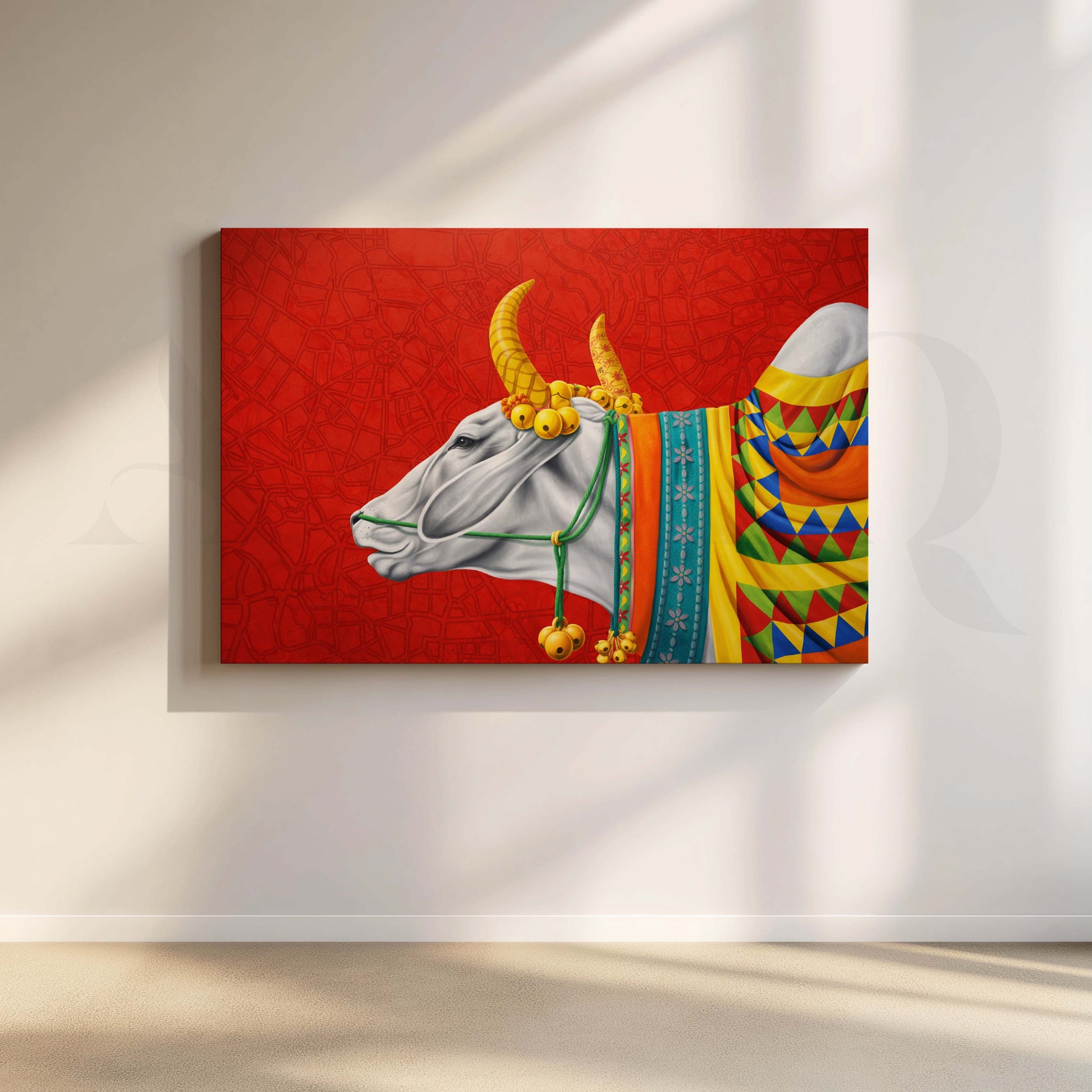 Vibrant Sacred Bull Canvas Artwork for Living Room