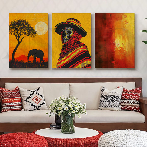 Golden Horizon Tribal Fusion Gallery Wall – Set of 3 Contemporary Artworks - 18 x 24 Inches