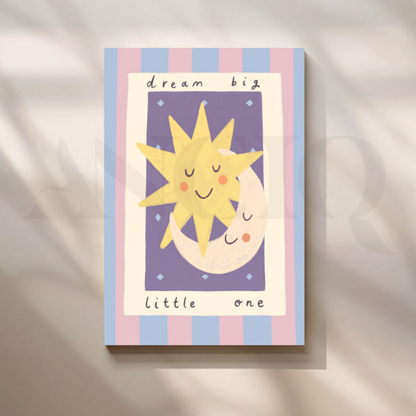Dream Big Little One Smiling Sun and Moon Nursery Canvas Artwork