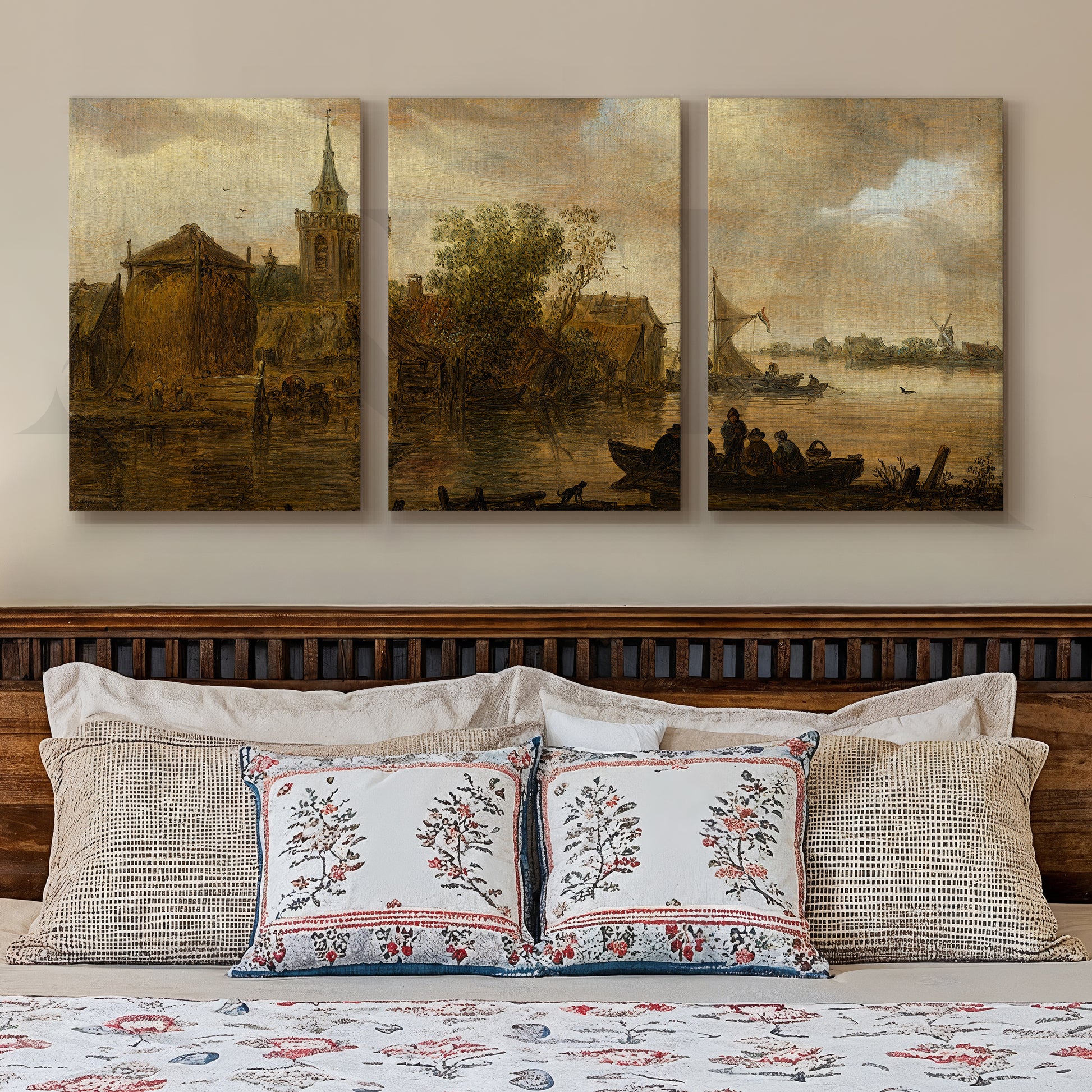 Vintage Riverside Village Gallery Wall – Set of 3 Classic Landscape Artworks - 18 x 24 Inches for Stylish Bedroom