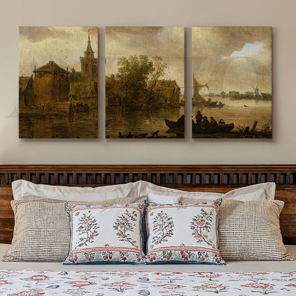 Vintage Riverside Village Gallery Wall – Set of 3 Classic Landscape Artworks - 18 x 24 Inches