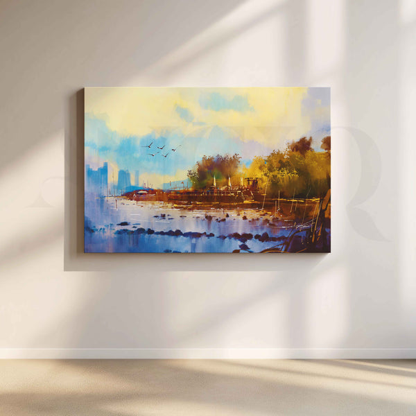 Serene Riverside Boat Canvas Artwork