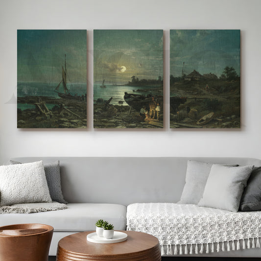 Moonlit Coastal Harbor Gallery Wall – Set of 3 Vintage Maritime Artworks - 18 x 24 Inches for Living Room