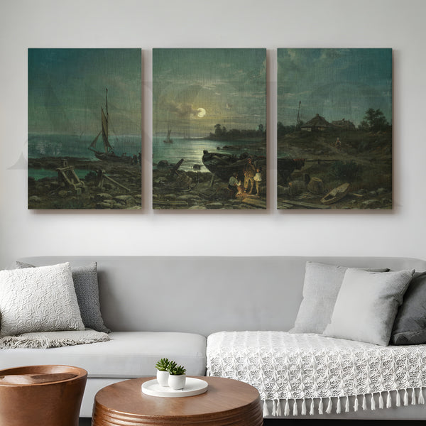 Moonlit Coastal Harbor Gallery Wall – Set of 3 Vintage Maritime Artworks - 18 x 24 Inches