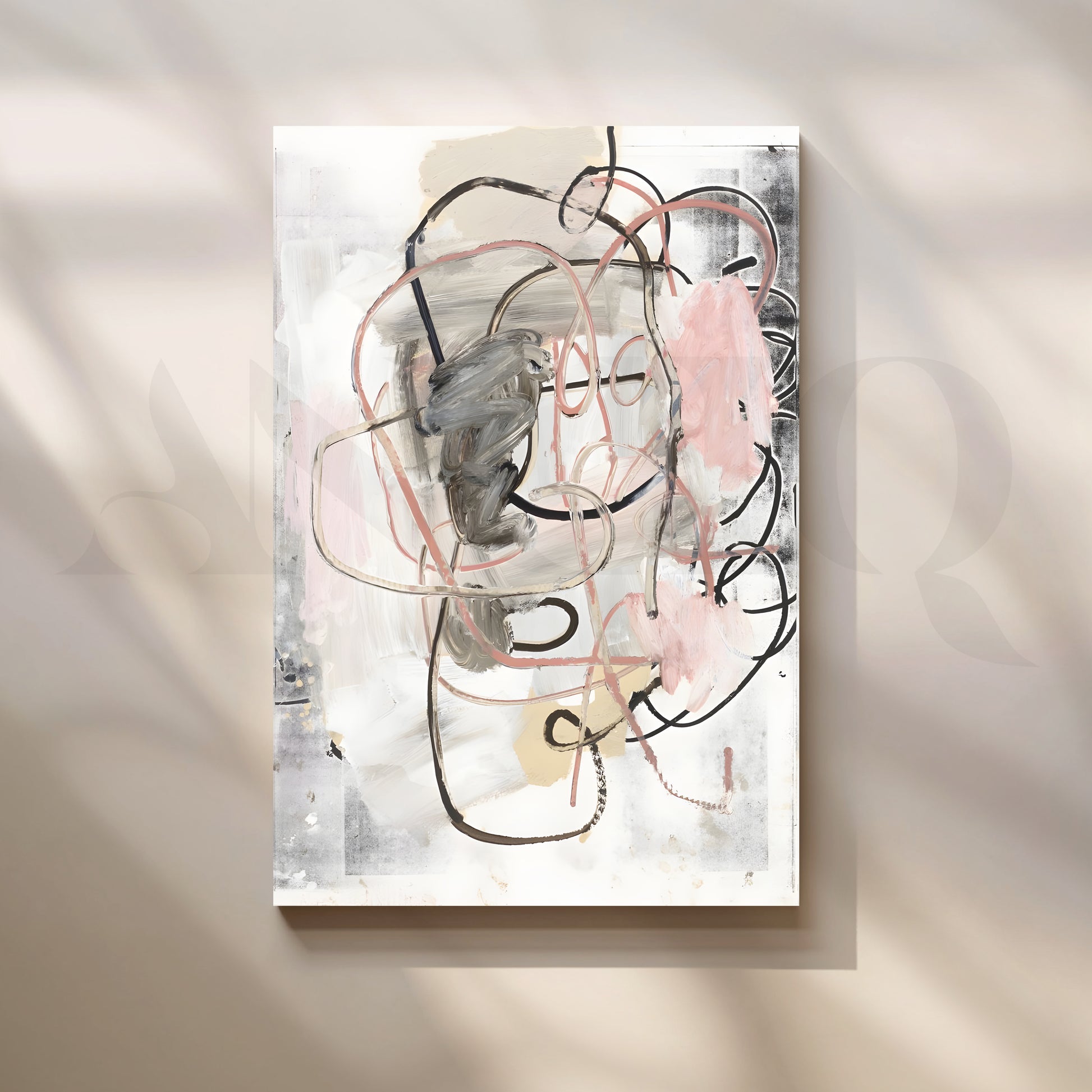 Soft Blush and Grey Abstract Canvas Artwork for Stylish Bedroom
