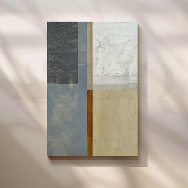 Modern Geometric Abstract Canvas Artwork in Grey, Blue and Beige Tones