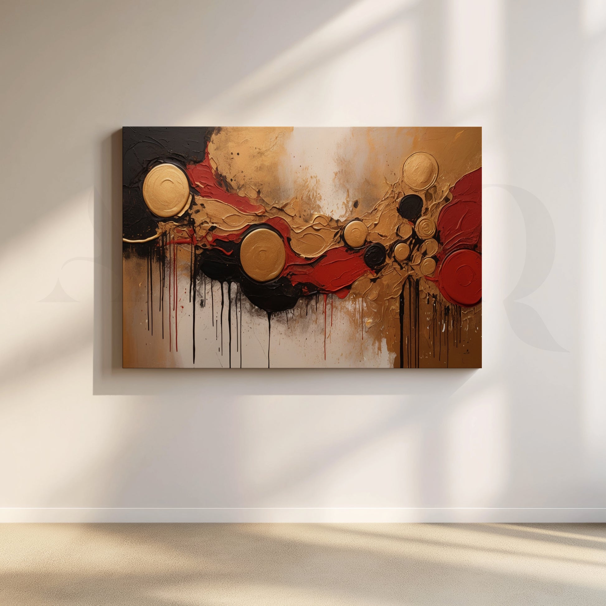 Premium Gold & Red Abstract Textured Canvas for Living Room