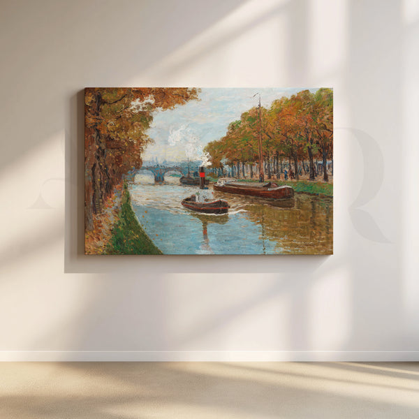 Autumn Canal Boats Canvas Artwork