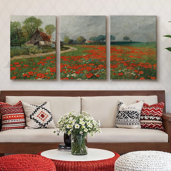 Rustic Poppy Field Landscape Gallery Wall – Set of 3 Impressionist Artworks - 18 x 24 Inches