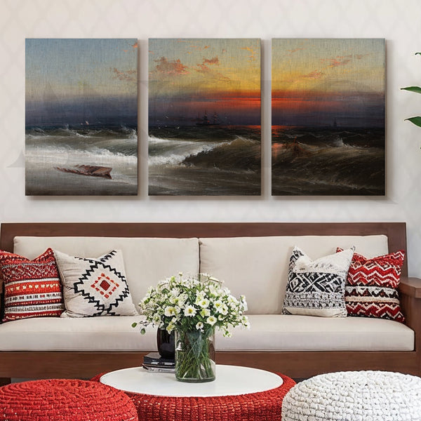 Dramatic Ocean Sunset Gallery Wall – Set of 3 Seascape Artworks - 18 x 24 Inches