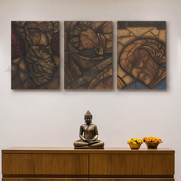 Earth-Tone Cubist Portrait Gallery Wall – Set of 3 Abstract Artworks - 18 x 24 Inches