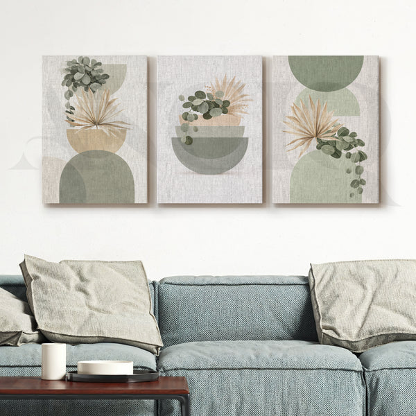 Soft Sage Botanical Balance Gallery Wall – Set of 3 Modern Nature Artworks - 18 x 24 Inches