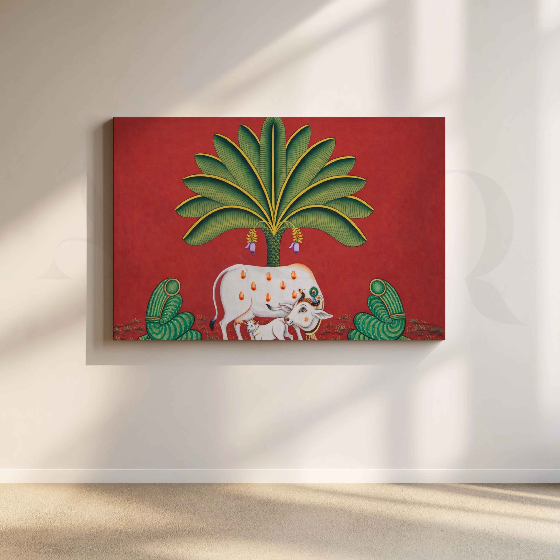 Sacred Cow Under Palm Tree Canvas Artwork for Living Room