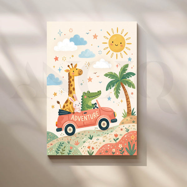 Safari Jungle Adventure Animals in Pink Car Kids Room Canvas Artwork